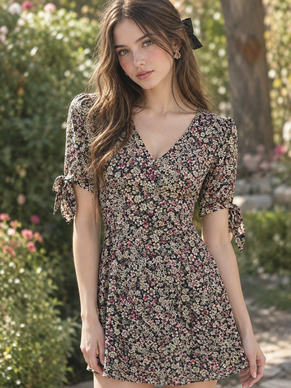 Dynamite Black Floral V-Neck Short Sleeve Dress with Pink & Cream Flowers